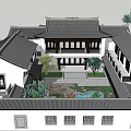 Chinese Style Detached Villa With Traditional Roof Courtyard Water Feature And Green Plants
