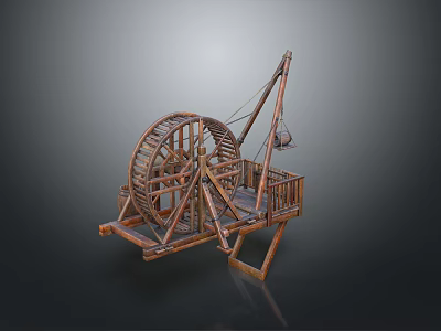 Ancient Wooden Water Wheel Traditional Structure With Rotating Wheel And Lifting Mechanism 3d model