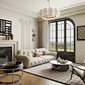 Elegant Modern Living Dining Room With Beige Sofa Chandelier Fireplace And Large Windows