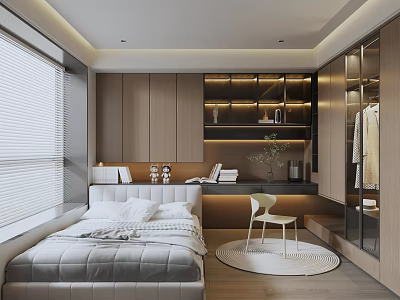 Modern Tatami Bedroom Interior With Wooden Cabinets Roller Blinds Desk Chair And Bright Lighting 3d model