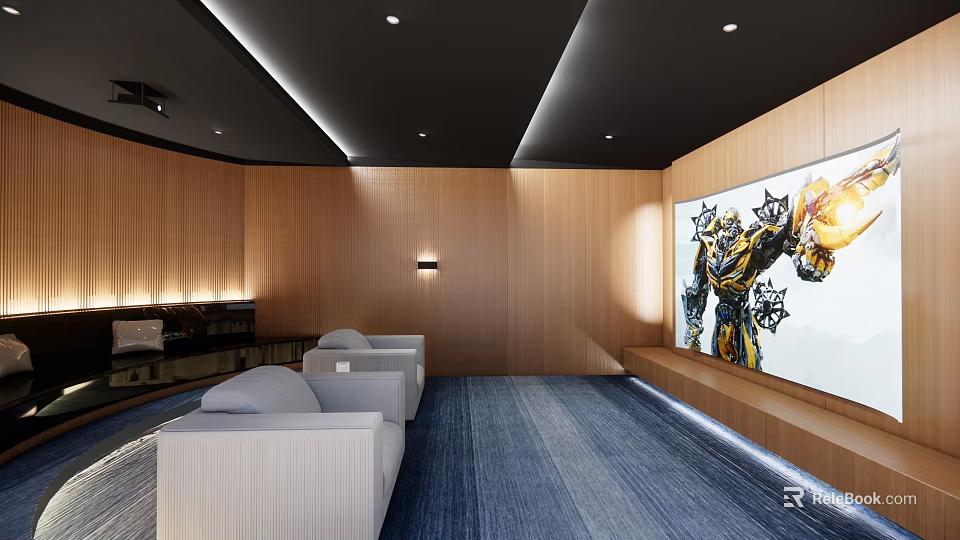 Home Theater Room Interior With Comfortable Sofas Large Screen And Wooden Walls 3d model