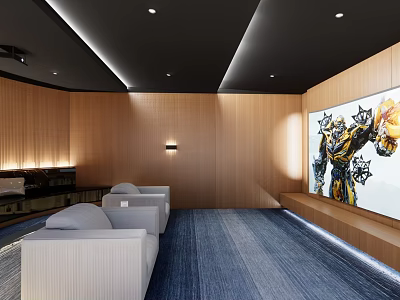 Home Theater Room Interior With Comfortable Sofas Large Screen And Wooden Walls 3d model