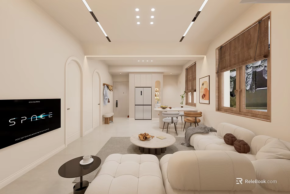 Modern Living And Dining Room Interior With White Sofa TV Dining Table And Lighting 3d model 