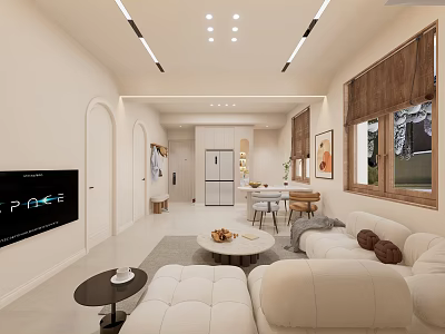Modern Living And Dining Room Interior With White Sofa TV Dining Table And Lighting 3d model