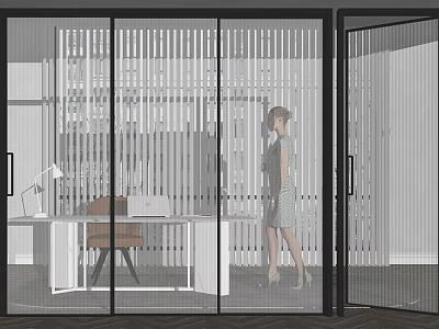 Modern Office Space With Glass Partition Vertical Stripe Design Workstation And Woman Walking 3d model