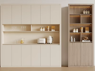 Modern Wooden Wine Cabinet With Multiple Shelves Bottles Jars And White Storage Cabinets 3d model