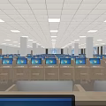 School Computer Lab Interior with Rows of Desks Computers White Columns and Ceiling Lights 3d model