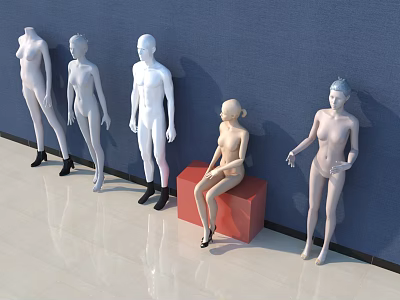Mannequins Standing And Sitting Against Blue Wall With Red Cube On Sleek Floor 3d model