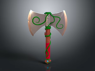 Fantasy Axe Design With Green Vine Decorations Red Handle And Blue Gemstone 3d model