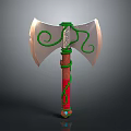 Fantasy Axe Design With Green Vine Decorations Red Handle And Blue Gemstone