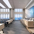Modern Conference Room Interior Design With Large Projection Screen Rows Of Chairs And City View Windows