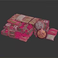 Ancient Carriage Components 3D Model With Wooden Crates Wheels Cloths And Scrolls