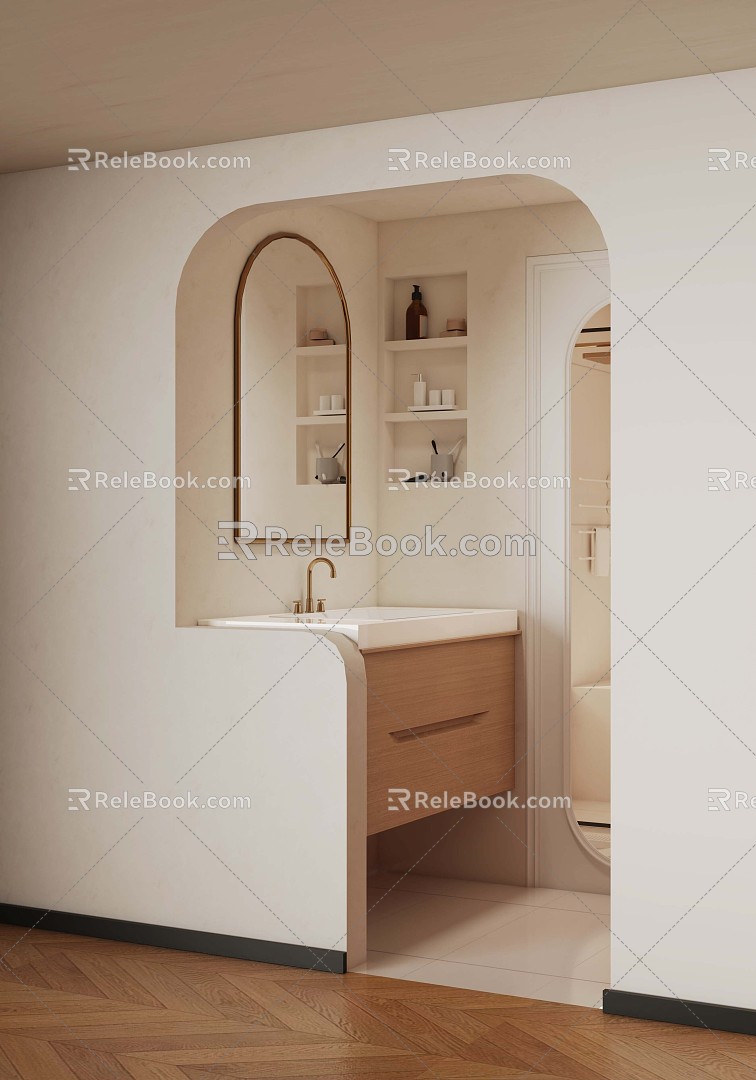 French Cream Style Bathroom Dry and Wet Separated Washstand Mirror Bathroom 3d model