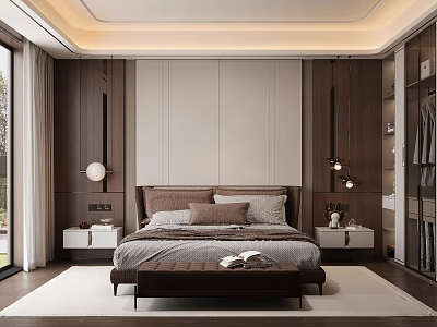 Elegant Modern Bedroom Interior With Bedhead Design Bedside Tables Pendant Lights And Wardrobe 3d model
