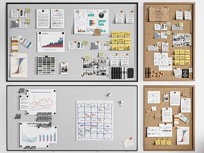 Office Workspace Components With Display Boards Charts Notes And Stationery 3d model