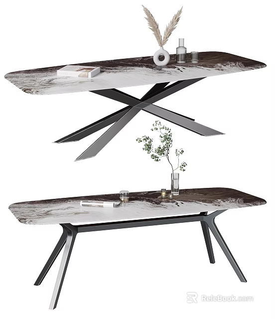 Modern Dining Table With Marble Top And Black Metal X Shaped Legs Decorative Vase 3d model 