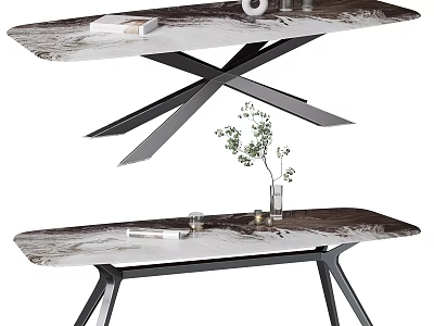 Modern Dining Table With Marble Top And Black Metal X Shaped Legs Decorative Vase 3d model