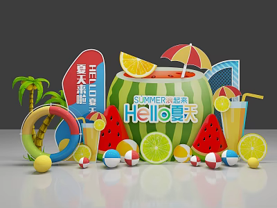 Summer Themed Decorations Including Watermelon Shape Umbrella Lemon Slices Beach Balls Drinks And Palm Tree 3d model
