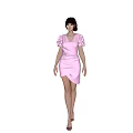 A woman in pink dress with puffed sleeves against blue geometric background and high heels