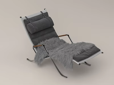 Comfortable Gray Lounge Chair With Padded Seat Wooden Armrests And Fluffy Blanket 3d model