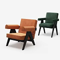 Modern Leisure Chairs With Orange And Green Upholstery And Black Wooden Legs