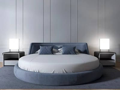 Modern Round Bed Design With Blue Upholstered Frame White Mattress Side Tables And Table Lamps 3d model