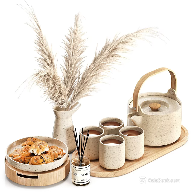 Cozy Tea Set Arrangement With Teapot Teacups Cookies On Wooden Tray And Pampas Grass 3d model 