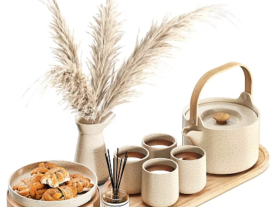 Cozy Tea Set Arrangement With Teapot Teacups Cookies On Wooden Tray And Pampas Grass 3d model