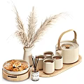 Cozy Tea Set Arrangement With Teapot Teacups Cookies On Wooden Tray And Pampas Grass