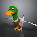 3D Cartoon Duck Character With Green Head Orange Beak And Outstretched Wings