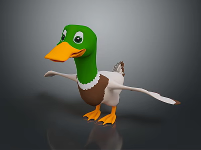 3D Cartoon Duck Character With Green Head Orange Beak And Outstretched Wings 3d model