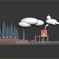 Cartoon Scene With Blue Water Pink Land Green Trees White Clouds And Orange House