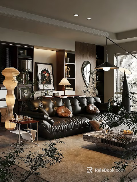 Modern Living Room Interior With Black Leather Sofa Decorative Painting Bookshelves And Mirror 3d model 