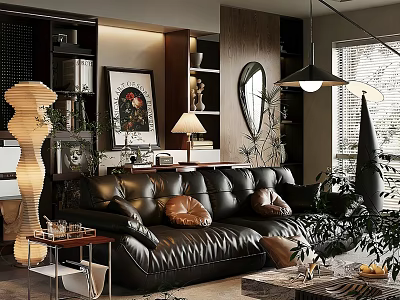 Modern Living Room Interior With Black Leather Sofa Decorative Painting Bookshelves And Mirror 3d model