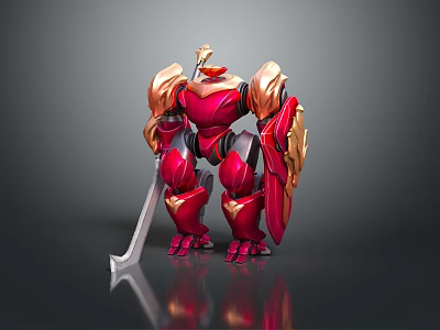 Red And Gold Armored Warrior Robot With Sword Shield Standing On Reflective Surface 3d model