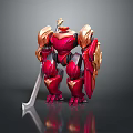 Red And Gold Armored Warrior Robot With Sword Shield Standing On Reflective Surface 3d model