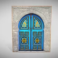 Blue Door With Gold Decorative Patterns And Arched Frame In Stone Wall