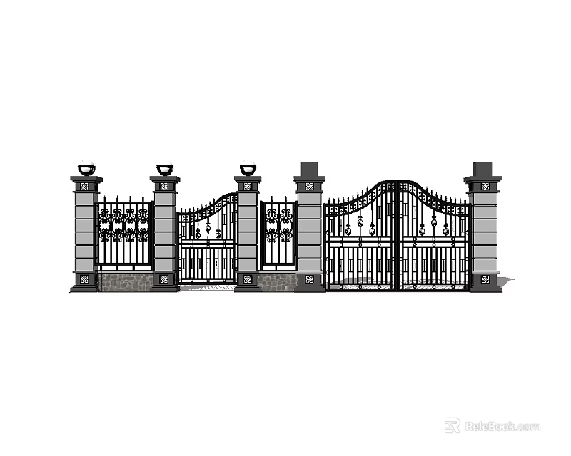 Ornate Wrought Iron Entrance Gate Design With Carved Railings And Pillars 3d model 