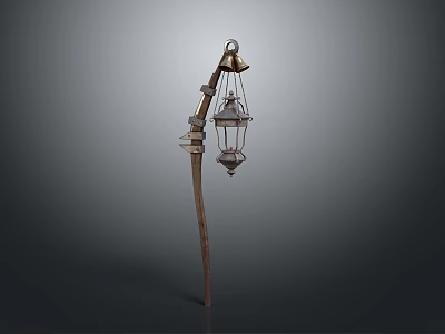 Vintage Wooden Lamp Post With Metal Frame Lantern And Glass Panels 3d model