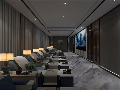 Luxury Lounge Interior With Comfortable Recliners Neatly Arranged Small Tables And Large Screen 3d model