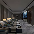 Luxury Lounge Interior With Comfortable Recliners Neatly Arranged Small Tables And Large Screen