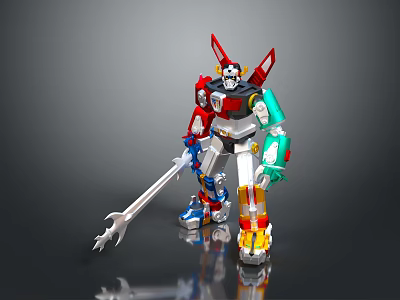 Colorful Robot Action Figure With Red White Green Parts And Skull Design Spear Weapon 3d model