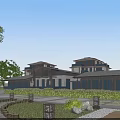 Modern Building With Traditional Roof Glass Windows Garden Lawn Stone Path And People Walking