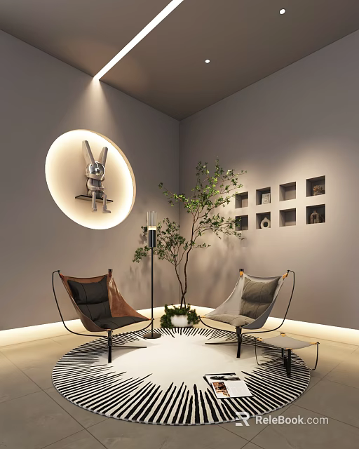 Modern Interior Design Featuring Circular Light Rabbit Decor Armchairs Wall Shelves And Potted Plant 3d model 
