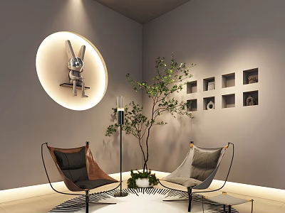 Modern Interior Design Featuring Circular Light Rabbit Decor Armchairs Wall Shelves And Potted Plant 3d model