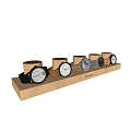 Various Stylish Watches on Wooden Display Stand with Leather and Metal Straps and Different Dials
