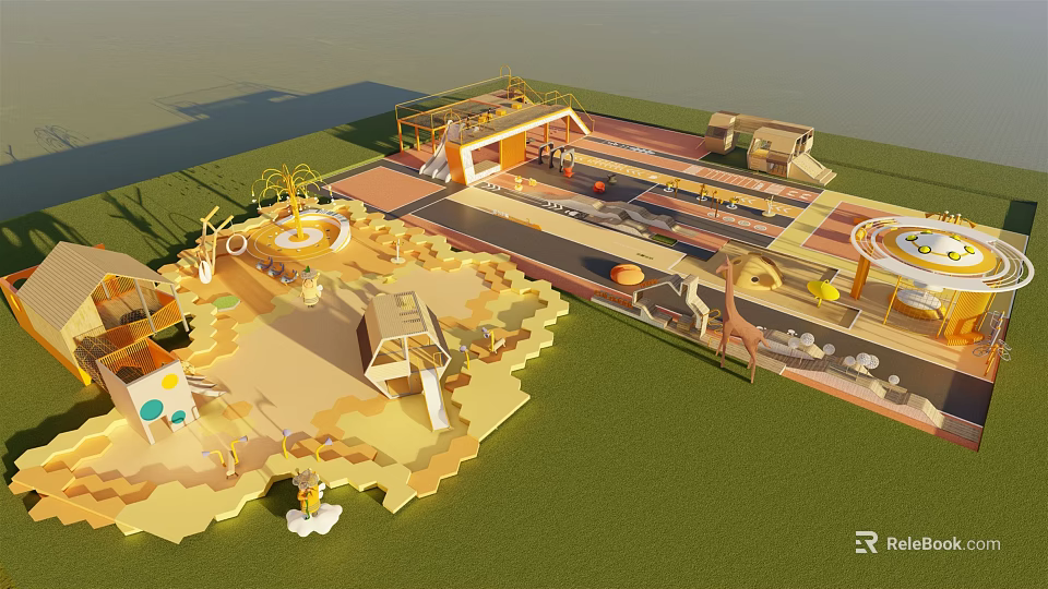 Colorful Children's Play Area With Slides Climbing Structures And Green Grass 3d model 