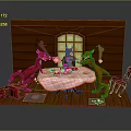 Three Animal Game Characters Gathering Around Round Table With Checkered Cloth Wooden Wall And Window