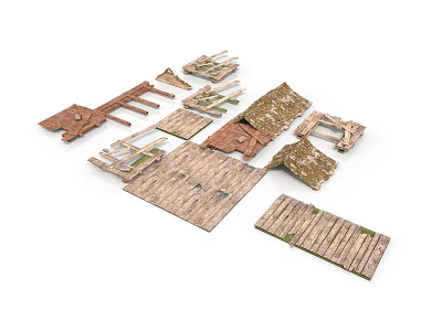 Wooden Building Model Components Including Planks Panels And Rooftop Parts 3d model