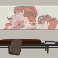 Long Rectangular Abstract Painting Hanging On Gray Wall With Red And White Floral Patterns 3d model